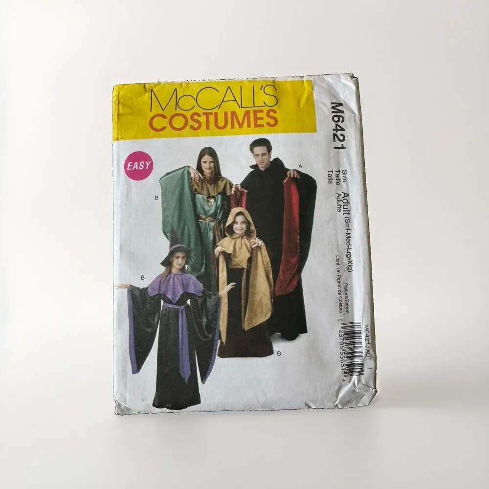 McCalls Costume Sewing Pattern M6421 Robe Cloak Hood Adult Sm Med L